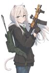 1girl ahoge animal_ear_fluff animal_ears ar-15 black_jacket blue_pants blush closed_mouth commentary_request drawstring ear_piercing eyebrows_hidden_by_hair grey_eyes grey_hair gun hair_between_eyes hand_up highres holding holding_gun holding_weapon hololive hood hood_down hooded_jacket jacket lion_ears lion_girl lion_tail long_hair looking_at_viewer looking_to_the_side okapi_(yomaigoto) pants piercing shishiro_botan simple_background smile solo tail very_long_hair virtual_youtuber weapon white_background