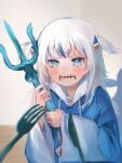  1girl angry blue_eyes blue_hair blue_hoodie blunt_bangs blurry blurry_background blush commentary crying depth_of_field fins fish_tail fork furrowed_brow gawr_gura hair_ornament highres holding holding_trident holding_weapon hololive hololive_english hood hood_down hoodie indoors knife long_hair long_hoodie long_sleeves looking_at_viewer multicolored_hair open_mouth polearm pov sad shark_girl shark_hair_ornament shark_tail sharp_teeth solo_focus streaked_hair streaming_tears suguri_nojo tail tearing_up tears teeth trident two-handed two_side_up upper_body virtual_youtuber wavy_mouth weapon white_background white_hair wide_sleeves wooden_floor 