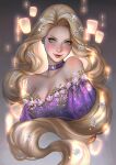  1girl blonde_hair choker dress flower green_eyes hair_flower hair_ornament long_hair looking_at_viewer portrait purple_choker purple_dress rapunzel_(disney) serafleur solo tangled white_flower 