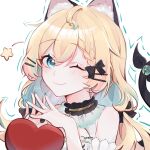  1girl ;) ahoge akio_(preawsuttida) animal_ears blonde_hair blue_eyes blue_nails cat_ears cat_girl cat_tail hair_ornament hairclip heart highres low_twintails millie_parfait multicolored_hair nijisanji nijisanji_en one_eye_closed smile solo streaked_hair tail twintails virtual_youtuber 