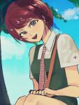  1girl :d blue_sky blurry blurry_background breasts clouds commentary curled_fingers danganronpa_(series) danganronpa_2:_goodbye_despair dress dress_shirt eyelashes foliage freckles green_dress grey_eyes hands_on_lap head_tilt highres koizumi_mahiru light_blush looking_at_viewer medium_breasts n_(a0_0ua) necktie open_mouth parted_lips pinafore_dress plaid_necktie redhead school_uniform shirt short_hair short_sleeves sitting sketch sky sleeveless sleeveless_dress smile solo strap swept_bangs tree upper_body very_short_hair white_shirt 