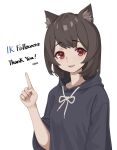  1girl :d absurdres animal_ear_fluff black_robe brown_hair ellu highres hood hood_down hooded_robe looking_at_viewer milestone_celebration open_mouth original red_eyes robe short_hair simple_background smile thank_you white_background 