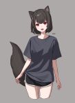  1girl :d absurdres animal_ear_fluff animal_ears black_shirt brown_hair dolphin_shorts ellu fang grey_background highres open_mouth original red_eyes shirt short_hair short_shorts short_sleeves shorts simple_background smile tail 