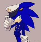  1boy anchor_symbol animal_ears animal_nose artist_name blue_fur blue_jacket buttons closed_mouth furry furry_male gloves green_eyes grey_background hand_on_headwear hand_up hat hedgehog hedgehog_ears highres jacket long_sleeves looking_at_viewer male_focus shirt simple_background smile solo sonic_(series) sonic_the_hedgehog standing tenpu_(oo_oo_ll_ll) the_murder_of_sonic_the_hedgehog white_gloves white_headwear white_shirt 