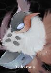  absurdres animal_focus black_background blue_eyes bug character_name commentary_request english_text fluffy highres natsumekan neck_fur no_humans partial_commentary pokemon pokemon_(creature) simple_background solo volcarona 