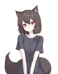  1girl absurdres animal_ear_fluff black_shirt brown_hair ellu expressionless highres looking_at_viewer original red_eyes shirt short_hair short_sleeves simple_background tail white_background 