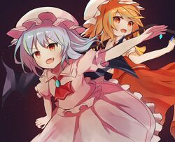  2girls ar_(maeus) ascot bat_wings black_background blonde_hair commentary crystal flandre_scarlet frilled_skirt frills grey_hair hat mob_cap multiple_girls pink_headwear pink_shirt pink_skirt red_ascot red_skirt red_vest remilia_scarlet shirt short_sleeves siblings simple_background sisters skirt touhou vest white_headwear white_shirt wings yellow_ascot 