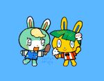  animal_crossing blonde_hair blue_fur blush chocolate closed_eyes cotton_sprout food green_hair highres ice_cream nintendo open_mouth ribbon sasha_(animal_crossing) simple_background toby_(animal_crossing) yellow_fur 