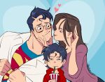 1girl 2boys black_hair blue_bodysuit blue_eyes bodysuit child clark_kent cup dc_comics family father_and_son hetero highres hokkemaruyaki husband_and_wife insignia jonathan_kent lois_lane looking_at_another looking_at_viewer male_child mother_and_son multiple_boys muscular reporter short_hair smile superhero superman superman_(series) superman_logo 