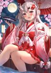  1girl :3 :d alcohol blurry blurry_background blush bow braid cherry_blossoms commentary_request cup eyelashes falling_petals flower full_moon grey_hair hair_between_eyes hair_flower hair_ornament hair_ribbon head_tilt highres holding holding_cup hololive horns ibuki_sho japanese_clothes kimono long_hair long_sleeves looking_at_viewer moon multicolored_hair nakiri_ayame night oil-paper_umbrella oni oni_horns open_mouth outdoors petals petals_on_liquid pleated_kimono red_bow red_eyes red_flower red_kimono red_ribbon redhead ribbon ribbon-trimmed_sleeves ribbon_trim sakazuki sake short_kimono sidelocks smile soaking_feet solo streaked_hair thighs twin_braids umbrella virtual_youtuber white_ribbon wide_sleeves 