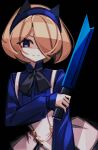  1girl animal_ears aria_(phantom_rose) ascot black_ascot black_background blonde_hair blue_eyes blue_hairband blue_shirt bob_cut closed_mouth collared_shirt commentary eyebrows_hidden_by_hair fake_animal_ears flat_chest hair_over_one_eye hairband hand_on_own_arm hand_up high-waist_skirt high_collar holding holding_knife knife long_bangs long_sleeves looking_at_viewer makaroll phantom_rose shaded_face shirt short_hair simple_background skirt sleeves_past_wrists smile solo split_mouth suspender_skirt suspenders swept_bangs upper_body white_skirt 