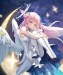  1girl blue_archive breasts chie_(user_snfh8333) dress hair_ornament halo long_hair mika_(blue_archive) moon pink_hair ribbon smile solo white_wings wings 