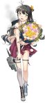  1girl asymmetrical_legwear black_hair boots bouquet burnt_clothes collared_shirt colored_inner_hair cross-laced_footwear damaged dress fang fujikawa full_body grey_pantyhose kantai_collection lace-up_boots long_hair looking_at_viewer machinery multicolored_hair naganami_(kancolle) official_art open_mouth pantyhose pink_hair pleated_dress purple_dress school_uniform shirt smile smoke solo third-party_source torn_clothes torpedo_launcher transparent_background two-tone_hair yellow_eyes 