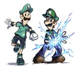  2boys blue_overalls boots brown_footwear brown_hair dual_persona facial_hair gloves green_headwear green_shirt highres lightning luigi mario_&amp;_luigi_rpg masanori_sato_(style) multiple_boys mustache overalls shirt shorts simple_background super_mario_bros. white_background white_gloves ya_mari_6363 