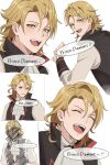  1boy amber_(fire_emblem) ascot blonde_hair closed_eyes fire_emblem fire_emblem_engage high_collar long_sleeves looking_at_viewer male_focus multiple_views open_mouth short_hair smile solo_focus tori_art07 vest white_ascot white_background yellow_eyes 
