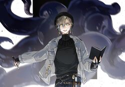  1boy belt beret black_gloves black_headwear black_shirt book brown_belt cowboy_shot earrings eyebrow_piercing eyewear_strap fingerless_gloves gloves grey_jacket hair_between_eyes hat highres holding holding_book holding_pen ike_eveland jacket jewelry locket long_sleeves looking_at_viewer male_focus nijisanji nijisanji_en open_mouth pants pen pendant piercing plaid plaid_pants rovaroca shirt smile solo tentacles turtleneck virtual_youtuber yellow_eyes 