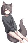  1girl absurdres animal_ear_fluff animal_ears black_sweater brown_hair ellu grin gym_shorts highres long_sleeves looking_at_viewer original red_eyes short_hair shorts simple_background smile sweater tail white_background 