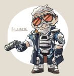  1boy andonkurage apex_legends ballistic_(apex_legends) beard black_gloves black_jacket blue_pants blue_shirt boots brown_footwear character_name chibi facial_hair gloves grey_hair gun hair_slicked_back handgun head_tilt holding holding_gun holding_weapon jacket looking_at_viewer mustache old old_man pants sa-3_mozambique shirt sleeveless sleeveless_jacket smile solo sunglasses weapon 