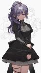  1girl absurdres asahina_mafuyu black_dress dress grey_neckerchief high_ponytail highres juliet_sleeves leg_ribbon long_hair long_sleeves looking_at_viewer lvemhrd neckerchief parted_lips pose_request project_sekai puffy_sleeves purple_hair ribbon shaded_face sidelocks solo thigh_ribbon violet_eyes 
