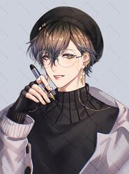  1boy beret black_gloves black_headwear black_sweater blue_hair brown_hair earrings eyewear_strap fingerless_gloves glasses gloves green_eyes grey_background hair_between_eyes hand_up hat highres holding holding_pen ike_eveland jacket jewelry looking_at_viewer male_focus nijisanji nijisanji_en official_alternate_costume pen round_eyewear rourouki short_hair simple_background solo sweater turtleneck turtleneck_sweater twitter_username upper_body virtual_youtuber watermark white_jacket 