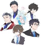  1girl 5boys ? ?? androgynous arona&#039;s_sensei_doodle_(blue_archive) arona_(blue_archive) bandaid bandaid_on_face black_hair blue_archive blue_hair blue_halo blue_necktie blue_shirt blush bow_hairband brown_hair coke-bottle_glasses collared_shirt colored_inner_hair cropped_torso formal glasses grey_hair grimace hair_over_one_eye hairband halo highres jacket lanyard messy_hair multicolored_hair multiple_boys necktie off_shoulder open_clothes open_jacket open_mouth parted_lips pink_hair ponytail red_scarf sailor_collar scarf seicoh sensei_(blue_archive) shirt short_hair simple_background sketch smile spoken_question_mark suit sweat two-tone_hair white_background 