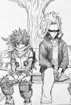  2boys all_might backpack bag bag_removed bags_under_eyes belt belt_pouch bench between_legs bodysuit boku_no_hero_academia bright_pupils cape closed_mouth collarbone colored_sclera commentary covered_mouth crosshatching feet_out_of_frame floating_cape floating_hair freckles gloves greyscale hand_between_legs hatching_(texture) high_collar highres horikoshi_kouhei_(style) jacket long_sleeves looking_at_viewer male_focus midoriya_izuku monochrome multiple_boys nagatomo1565 official_alternate_costume official_style on_bench open_clothes open_jacket outdoors own_hands_together pants parted_bangs pouch shirt short_hair side-by-side sideways_glance simple_background sitting sitting_on_bench skinny spoilers t-shirt torn_cape torn_clothes torn_gloves torn_sleeves tree utility_belt v-neck white_background wind yagi_toshinori 