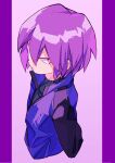  1boy blue_jacket closed_mouth commentary_request glaring hair_between_eyes high_collar highres jacket looking_at_viewer male_focus paul_(pokemon) pillarboxed pink_background pokemon pokemon_(anime) pokemon_dppt_(anime) purple_hair shirt short_hair smrs_ss solo upper_body 