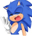  1boy animal_ears animal_nose blue_fur closed_eyes drooling emerald1999 furry furry_male gloves hand_up hedgehog hedgehog_ears highres male_focus open_mouth simple_background sleepy solo sonic_(series) sonic_the_hedgehog standing tears teeth tongue white_background white_gloves 