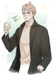  1boy black_jacket blonde_hair blue_eyes bunet_(fire_emblem) coffee_cup cup disposable_cup fire_emblem fire_emblem_engage hand_in_pocket highres holding holding_cup jacket long_sleeves looking_at_viewer male_focus open_clothes open_jacket open_mouth short_hair solo sweater tori_art07 turtleneck turtleneck_sweater 