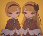  1boy 1girl blonde_hair blue_eyes braid brown_capelet brown_hairband brown_ribbon brown_skirt buttons cable_knit capelet closed_mouth commentary_request crown_braid green_eyes hairband lobotomy_corporation long_hair long_sleeves matching_outfit neck_ribbon no_nose notsu_(mxtsxno) open_mouth project_moon ribbon shirt simple_background skirt smile tiphereth_a_(project_moon) tiphereth_b_(project_moon) white_shirt yellow_background 