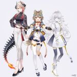  3girls ameniwa_yae animal_ears asymmetrical_legwear dog_ears dragon_girl dragon_horns dragon_tail dress geppaku_lui horns kokuyou_lira light_brown_hair mismatched_legwear multicolored_hair multiple_girls nozomi_fuuten open_mouth redhead short_sleeves smile tail vee_(vtuber) white_dress white_hair 