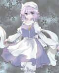  1girl apron closed_mouth commentary_request feet_out_of_frame grey_background grey_eyes highres letty_whiterock light_purple_hair looking_at_viewer polearm purple_skirt purple_vest scarf skirt smile solo touhou trident vest waist_apron weapon white_apron white_scarf zabuton_(mgdw5574) 