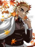  1boy a4h2maico absurdres autumn autumn_leaves blonde_hair cape colored_tips demon_slayer_uniform facing_viewer flame_print forked_eyebrows hand_up highres holding holding_leaf kimetsu_no_yaiba leaf long_hair long_sleeves male_focus multicolored_hair redhead rengoku_kyoujurou smile solo standing streaked_hair twitter_username upper_body watermark white_background white_cape 