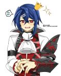  1boy alcryst_(fire_emblem) armor ascot blue_hair blush crown fire_emblem fire_emblem_engage hair_between_eyes hair_ornament hairclip high_collar long_sleeves looking_at_viewer mini_crown open_mouth red_eyes short_hair white_ascot white_background yukia_(firstaid0) 