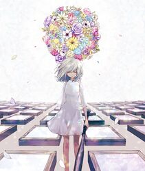  1girl absurdres baseball_bat bouquet closed_eyes dress facing_viewer grey_hair halnaga_oyogu highres holding holding_baseball_bat medium_hair original petals see-through see-through_sleeves solo standing white_background white_dress 