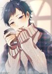  1boy absurdres black_hair blush brown_sweater cable_knit coffee_cup cup disposable_cup ensemble_stars! fushimi_yuzuru highres looking_at_viewer male_focus mole mole_under_eye open_mouth plaid_robe short_bangs short_hair smile solo sweater turtleneck usahana101 violet_eyes 
