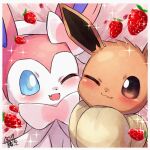  ;) ;d blush border brown_eyes closed_mouth eevee fang food fruit katsukare no_humans one_eye_closed open_mouth pokemon pokemon_(creature) smile sparkle strawberry sylveon 