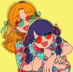  2girls black_hair blue_nails blue_ribbon blue_shirt blush bow breasts brown_hair dot_nose earrings fangs fukumaru_koito hair_bow hair_ribbon hand_grab heart heart-shaped_eyewear highres ichikawa_hinana idolmaster idolmaster_shiny_colors jewelry large_breasts long_hair looking_at_viewer multiple_girls nuime open_mouth parted_bangs print_shirt red_ribbon red_shirt ribbon shirt short_sleeves simple_background skin_fangs small_breasts smile sunglasses twintails upper_body watch watch yellow_background 