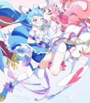 2girls absurdres armpits bike_shorts blue_dress blue_eyes blue_hair bow braid cape commentary_request cure_prism cure_sky detached_sleeves dress earrings elbow_gloves feathers fingerless_gloves frilled_dress frills gloves green_eyes highres hirogaru_sky!_precure holding_hands jewelry long_hair looking_at_viewer magical_girl medium_dress multicolored_hair multiple_girls nijigaoka_mashiro niko_(tama) open_mouth pink_hair precure puffy_detached_sleeves puffy_sleeves sleeveless sleeveless_dress smile sora_harewataru streaked_hair twintails white_dress white_gloves