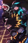  3boys :/ aircraft alternate_eye_color aqua_eyes aqua_hair arm_on_knee badge bakugou_katsuki belt belt_pouch black_belt black_bodysuit black_gloves black_mask black_pants blonde_hair blue_gloves bodysuit boku_no_hero_academia burn_scar chiyaya city_lights clenched_hand clothing_request container covered_mouth elbow_pads evening eye_mask eyebrows_hidden_by_hair fingerless_gloves freckles from_side gloves glowing glowing_bodysuit glowing_clothes gradient_sky grey_eyes hair_between_eyes hand_up heterochromia high_collar highres hood hood_up hooded_bodysuit knee_pads leaning_forward light light_rays long_sleeves looking_afar looking_ahead looking_at_viewer male_focus midoriya_izuku multicolored_hair multiple_boys neon_trim official_alternate_costume orange_eyes orange_gloves outdoors outstretched_arm pants parted_lips pink_clouds pouch profile purple_sky redhead scar scar_on_face short_hair sideways_glance sideways_mouth sky snap-fit_buckle spiky_hair split-color_hair squatting straight_hair thigh_pouch thigh_strap todoroki_shouto two-tone_hair urban utility_belt v-shaped_eyebrows white_hair 