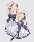  2girls animal_ear_headphones animal_ears apron atat250 back_bow black_dress black_footwear blonde_hair blue_archive blue_bow blue_bowtie blush bow bowtie cat_ear_headphones cat_tail dress empty_eyes fake_animal_ears fake_tail frilled_apron frills green_halo grey_background halo headphones highres long_sleeves maid maid_apron maid_headdress midori_(blue_archive) midori_(maid)_(blue_archive) momoi_(blue_archive) momoi_(maid)_(blue_archive) multiple_girls o_o open_mouth parted_lips pink_eyes pink_halo puffy_long_sleeves puffy_sleeves short_hair simple_background socks tail tearing_up two_side_up white_apron white_bow white_socks 