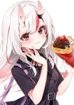 1girl :3 blush casual commentary food food_wrapper fruit hand_on_own_cheek hand_on_own_face highres hololive horns ice_cream_crepe long_hair looking_at_viewer multicolored_hair nakiri_ayame oni_horns red_eyes redhead shiro_hebi_rei simple_background skin-covered_horns solo strawberry streaked_hair symbol-only_commentary upper_body white_background white_hair 
