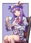  1girl absurdres bare_legs blunt_bangs breasts capelet chair crescent crescent_hat_ornament cup dress feet_out_of_frame frills gyouza_(mhea5724) hat hat_ornament highres holding holding_cup knees_together_feet_apart long_hair medium_breasts mob_cap patchouli_knowledge purple_dress purple_hair saucer simple_background sitting solo teacup touhou very_long_hair violet_eyes 