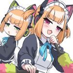  2girls :3 :d alternate_costume animal_ear_headphones animal_ears apron blue_archive blue_bow blue_bowtie blunt_bangs bow bowtie cat_ear_headphones commentary_request enmaided fake_animal_ears green_eyes hair_bow hair_ribbon halo headphones light_brown_hair long_sleeves looking_at_viewer maid maid_apron maid_headdress midori_(blue_archive) midori_(maid)_(blue_archive) momoi_(blue_archive) momoi_(maid)_(blue_archive) multiple_girls o_(rakkasei) official_alternate_costume one_side_up parted_bangs parted_lips red_eyes ribbon short_hair siblings sidelocks simple_background smile sweatdrop twins white_background 