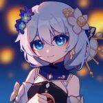  1girl bare_shoulders black_dress blue_eyes blue_flower blurry blurry_background closed_mouth depth_of_field dress eyebrows_hidden_by_hair flower grey_hair hair_between_eyes hair_flower hair_ornament hand_up highres honkai_(series) honkai_impact_3rd long_hair looking_at_viewer qiu_youyou sleeveless sleeveless_dress smile solo theresa_apocalypse theresa_apocalypse_(starlit_astrologos) upper_body white_flower 