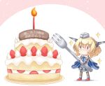  1girl anniversary blonde_hair blue_necktie braid breasts cake candle capelet chibi colorado_(kancolle) dress food fork garrison_cap gloves grey_capelet grey_dress grey_gloves grey_headwear hat headgear highres kantai_collection lattice_mast minigirl necktie no_mouth riretsuto short_hair side_braids sideboob sleeveless solid_eyes solid_oval_eyes 