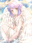  1girl angel angel_wings blue_sky blurry blurry_foreground blush breasts clouds collarbone commentary dress feathered_wings feathers halo idolmaster idolmaster_million_live! legs looking_at_viewer makabe_mizuki purple_hair shiitake_taishi short_hair sidelocks sitting sky sleeveless sleeveless_dress small_breasts smile solo symbol-only_commentary thighs wavy_hair white_dress white_wings wings yellow_eyes 