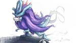  animal_focus claws closed_mouth colored_sclera commentary dinosaur full_body highres long_hair multiple_tails neck_fur no_humans pokemon pokemon_(creature) purple_hair red_eyes shiyo_tsubame simple_background sketch solo standing tail walking_wake white_background yellow_sclera 