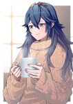  1girl ameno_(a_meno0) blue_eyes blue_hair coffee_mug cup fire_emblem fire_emblem_awakening hair_between_eyes indoors long_hair long_sleeves lucina_(fire_emblem) mug smile solo steam sweater symbol-shaped_pupils tiara upper_body window 