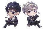  2boys black_eyes black_hair chibi formal gloves highres ilay_riegrow jeong_taeui korean_commentary korean_text light_smile male_focus multiple_boys necktie passion_(manhwa) patch simple_background smoking suit translated white_background white_hair 